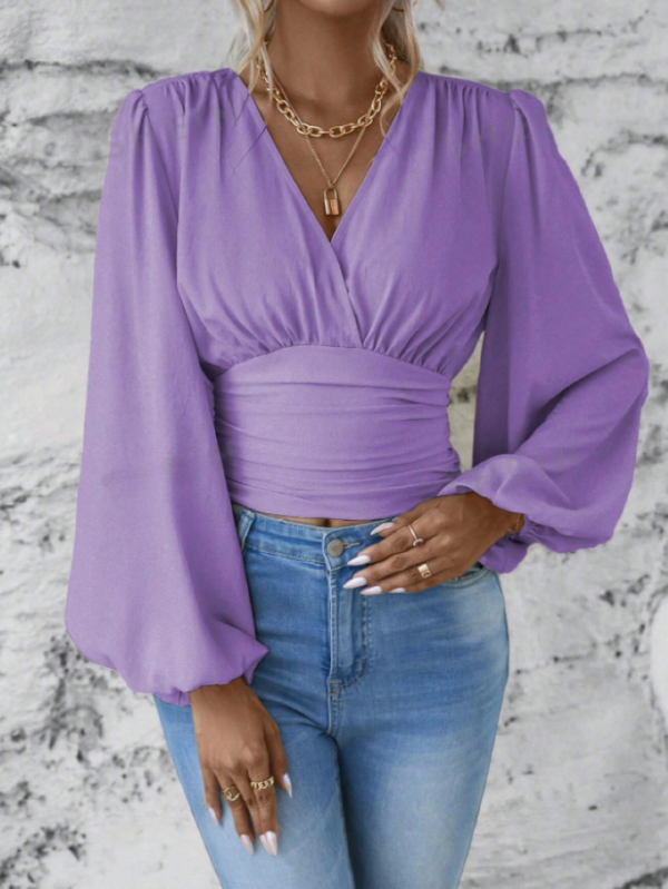 Purple Solid Lantern Sleeve Blouse