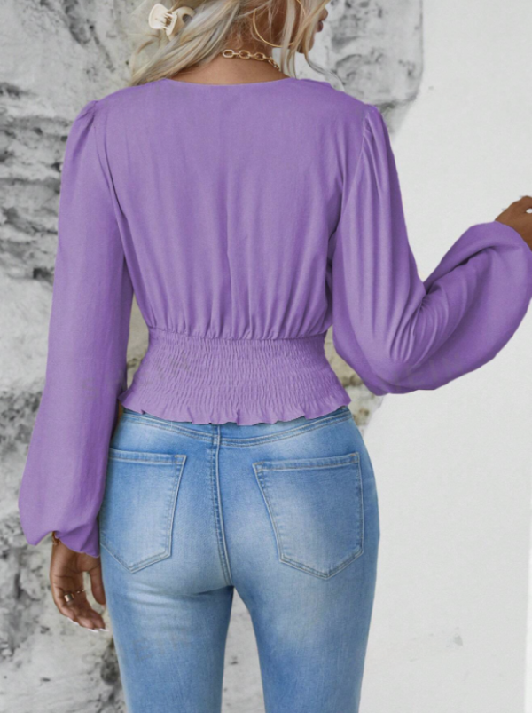 Purple Solid Lantern Sleeve Blouse - Image 2