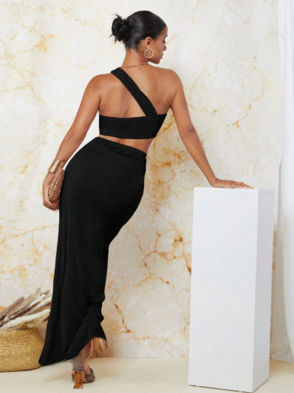 Black One Shoulder Crop Top & Twist Front Skirt - Image 2